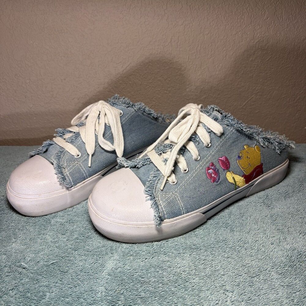 Vintage Winnie The Pooh Shoes Womens 10 Denim Slip On Sneakers 90s Disney